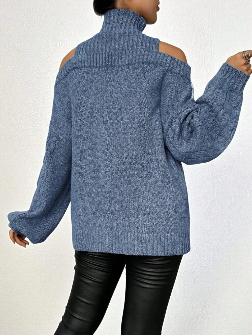 Blue Casual Women's Plus Size Open Shoulder High Collar Cable Knit Sweater